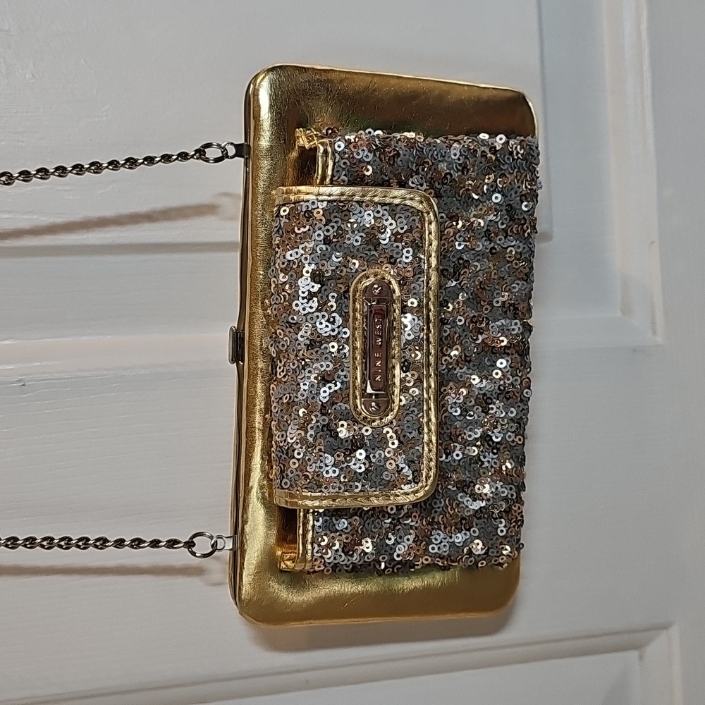 Elegant Gold and Silver Sequin Clutch With Silver Crossbody Chain NWT